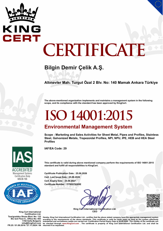Bilgin Demir Çelik ISO 14001 Çevre Yönetim Sistemi Belgesi