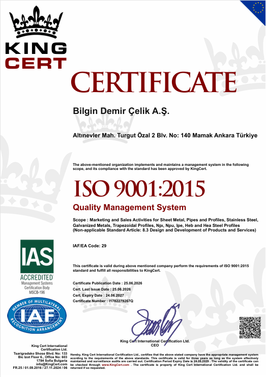 Bilgin Demir Çelik ISO 9001 Kalite Yönetim Sistemi Belgesi