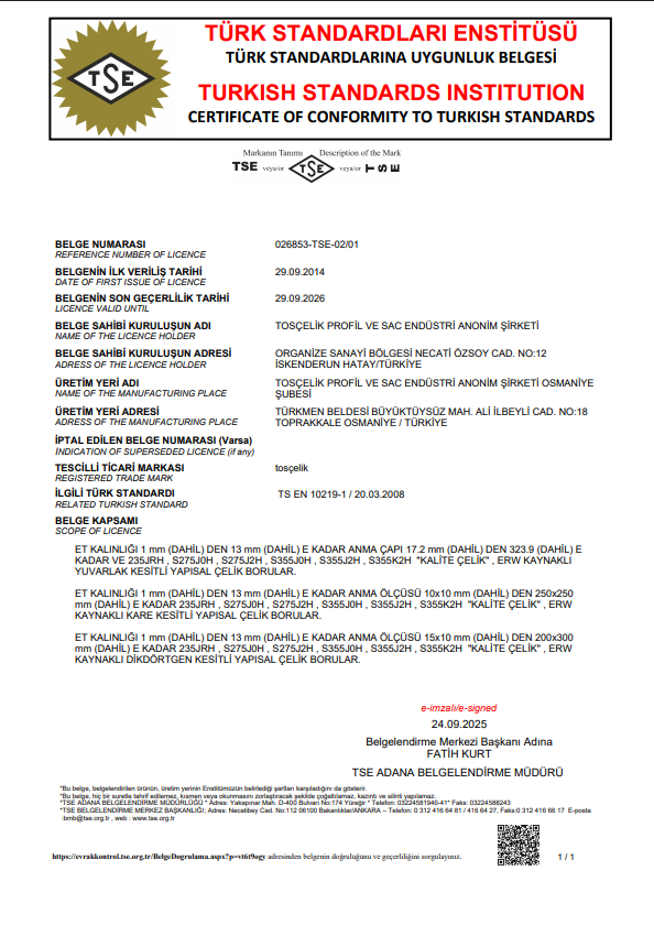 Tosçelik TS EN 10219-1 Kalite Belgesi