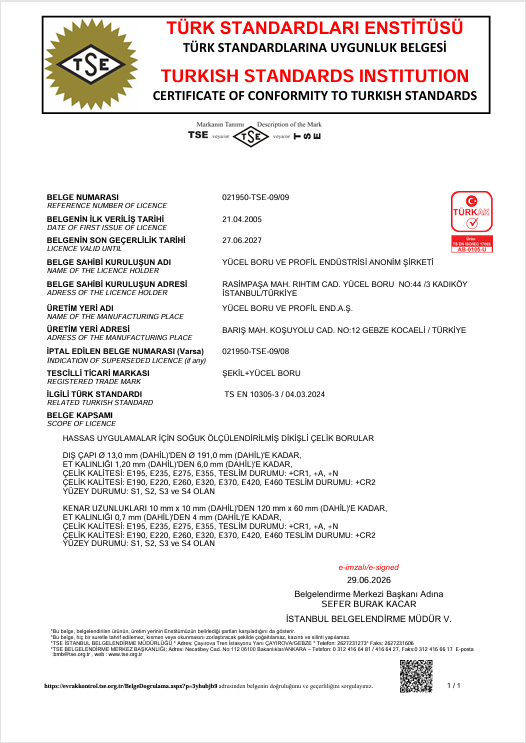 Yücel Boru TS EN 10305-3 Kalite Belgesi