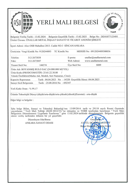 Tatmetal TSE 10169 Kalite Belgesi